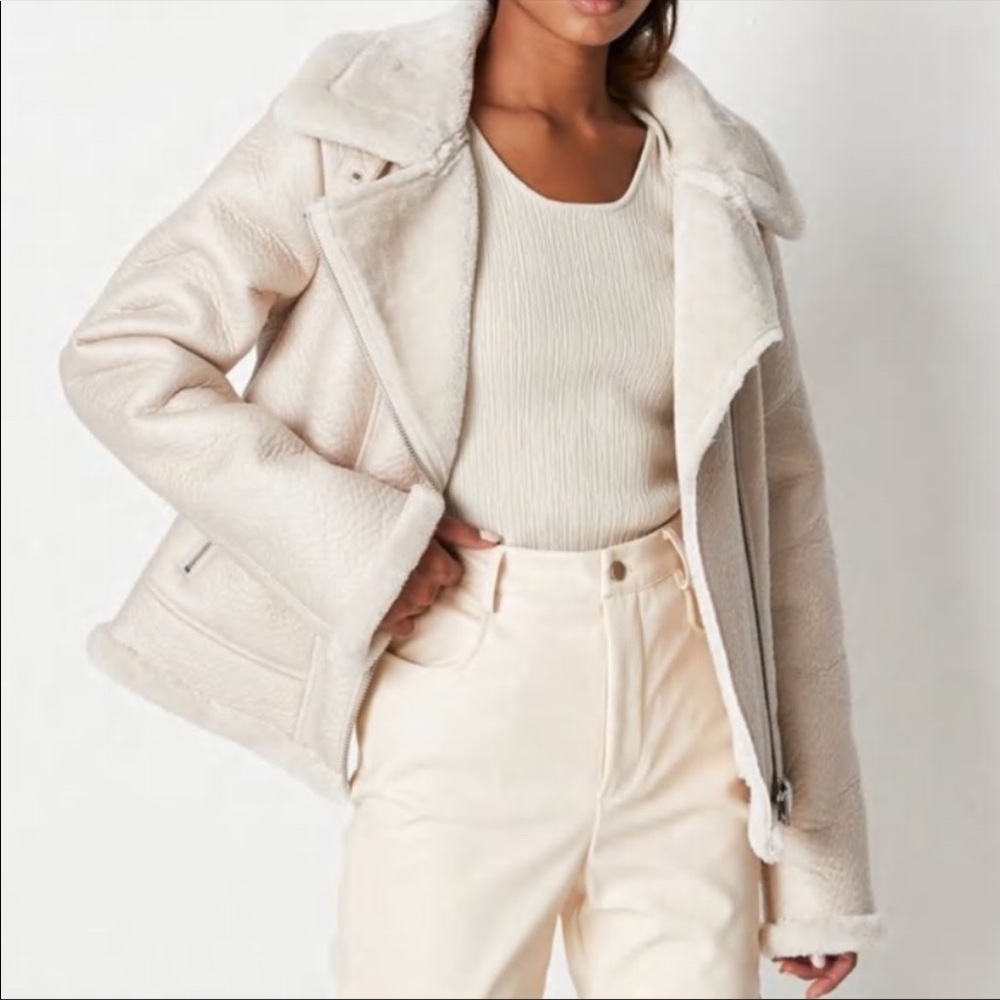 Missguided Faux Leather Aviator Jacket in Stone - NWT